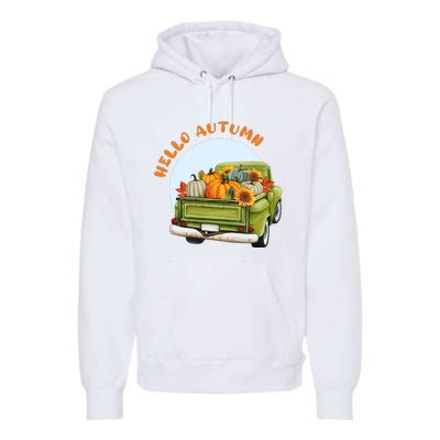 Hello Autumn Vintage Truck And Pumpkins Illustration Premium Hoodie