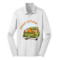 Hello Autumn Vintage Truck And Pumpkins Illustration Silk Touch Performance Long Sleeve Polo