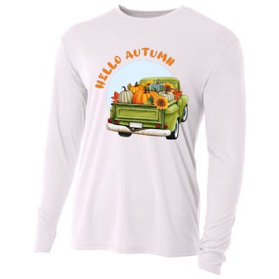 Hello Autumn Vintage Truck And Pumpkins Illustration Cooling Performance Long Sleeve Crew