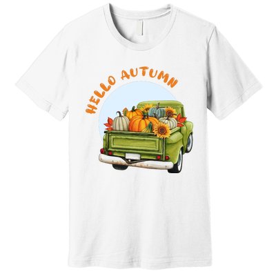 Hello Autumn Vintage Truck And Pumpkins Illustration Premium T-Shirt