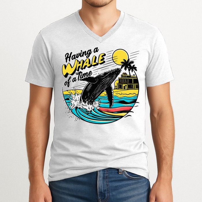 Having A Whale Of A Time Funny Humorous Beach V-Neck T-Shirt