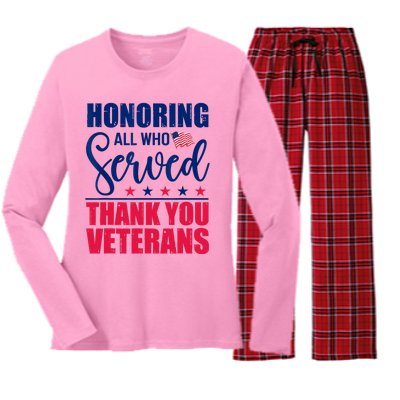 Honoring All Who Served Thank You Veterans Day American Flag Women's Long Sleeve Flannel Pajama Set 