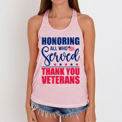 Honoring All Who Served Thank You Veterans Day American Flag Women's Knotted Racerback Tank