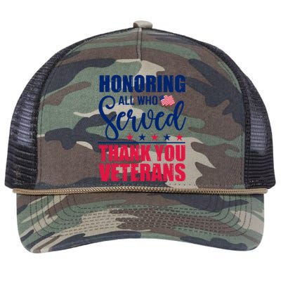 Honoring All Who Served Thank You Veterans Day American Flag Retro Rope Trucker Hat Cap