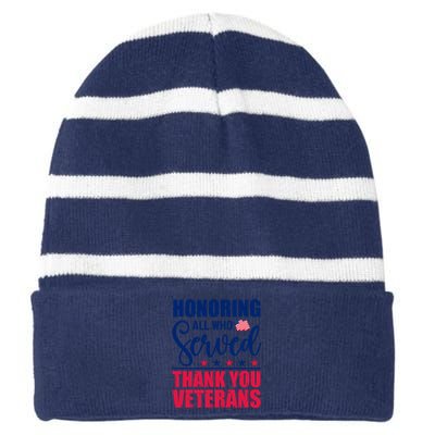 Honoring All Who Served Thank You Veterans Day American Flag Striped Beanie with Solid Band