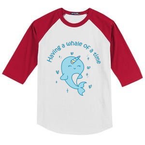 Having A Whale Of A Time Cute Kawaii Narwhal For Whale Lovers Happy Slogans Kids Colorblock Raglan Jersey