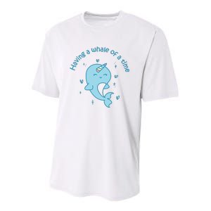 Having A Whale Of A Time Cute Kawaii Narwhal For Whale Lovers Happy Slogans Youth Performance Sprint T-Shirt