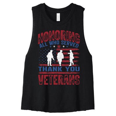 Honoring All Who Served Thank You Veterans Day American Flag Women's Racerback Cropped Tank