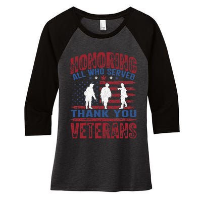 Honoring All Who Served Thank You Veterans Day American Flag Women's Tri-Blend 3/4-Sleeve Raglan Shirt