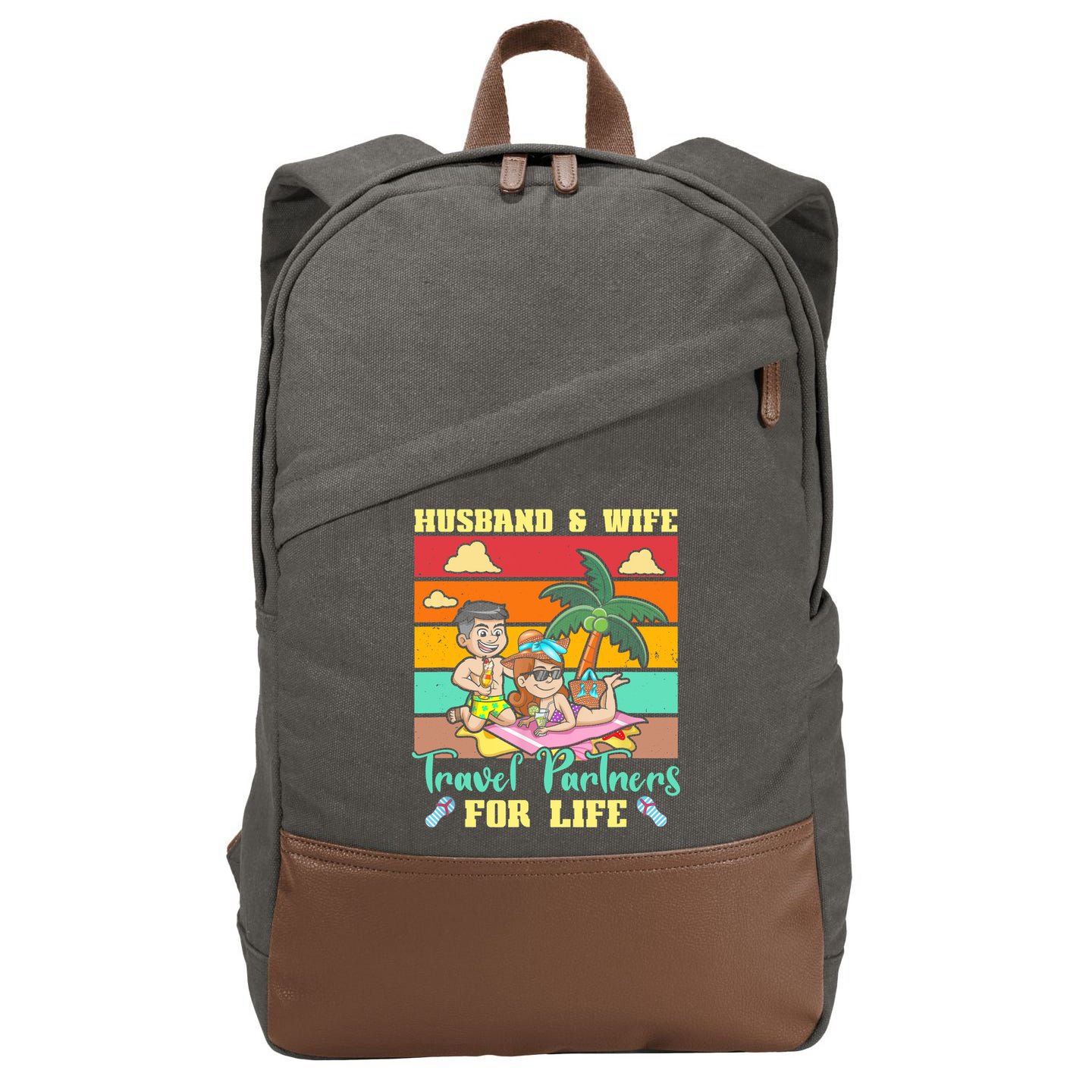 Husband And Wife Travel Partners For Life Beach Traveling Cotton Canvas Backpack
