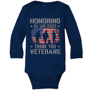 Honoring All Who Served Thank You Veterans Day American Flag Baby Long Sleeve Bodysuit