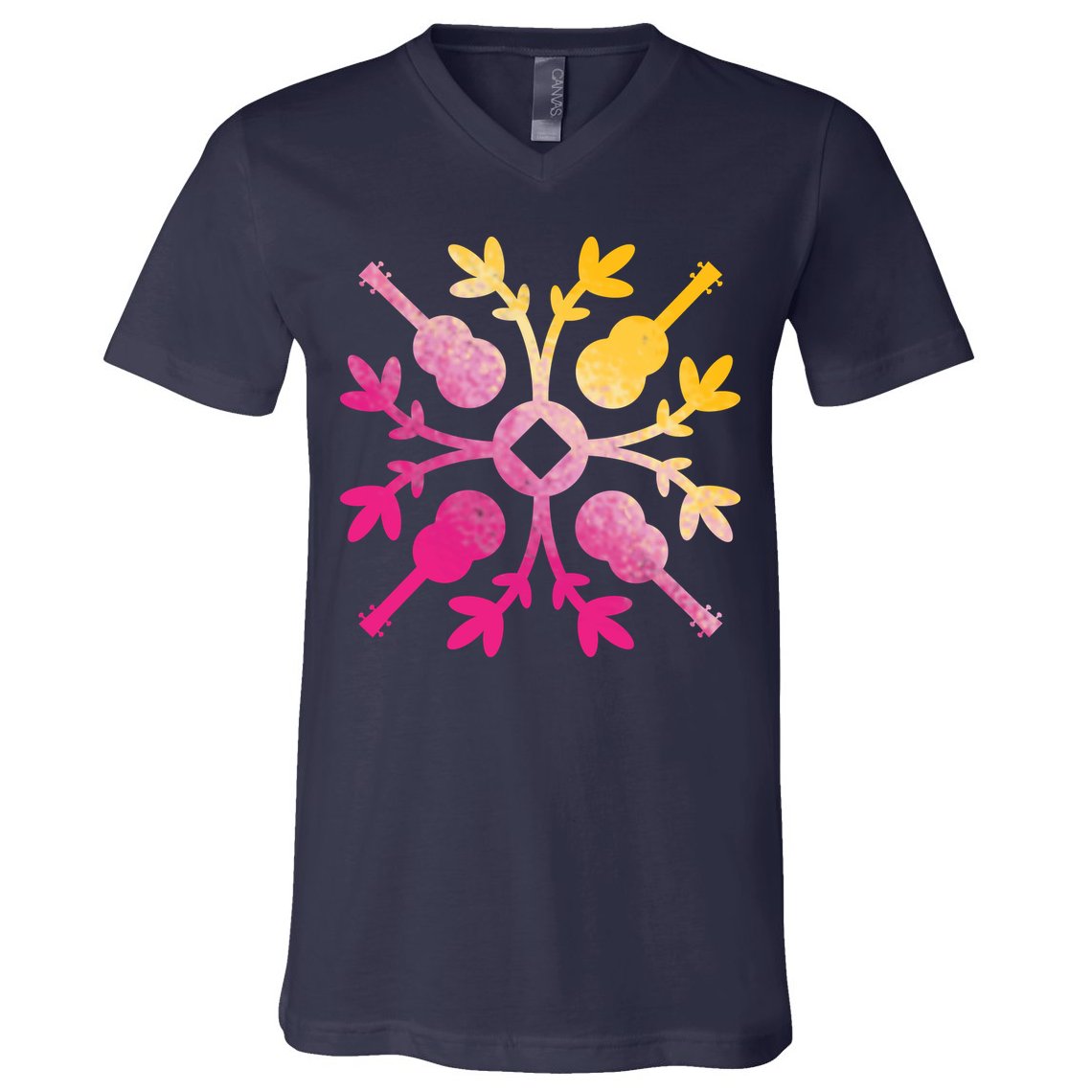 Hawaiian Mele Music Quilt Tribal Tattoo Ukulele V-Neck T-Shirt
