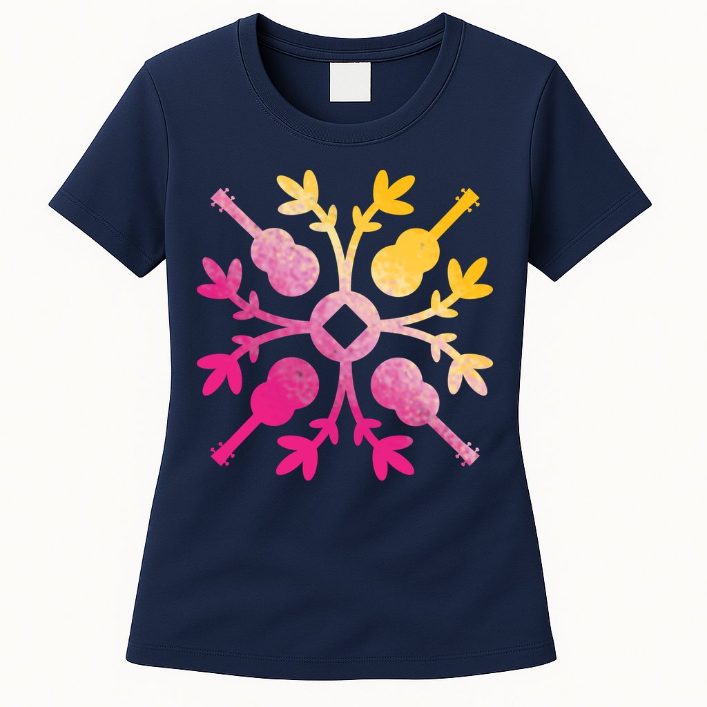 Hawaiian Mele Music Quilt Tribal Tattoo Ukulele Womens T-Shirt
