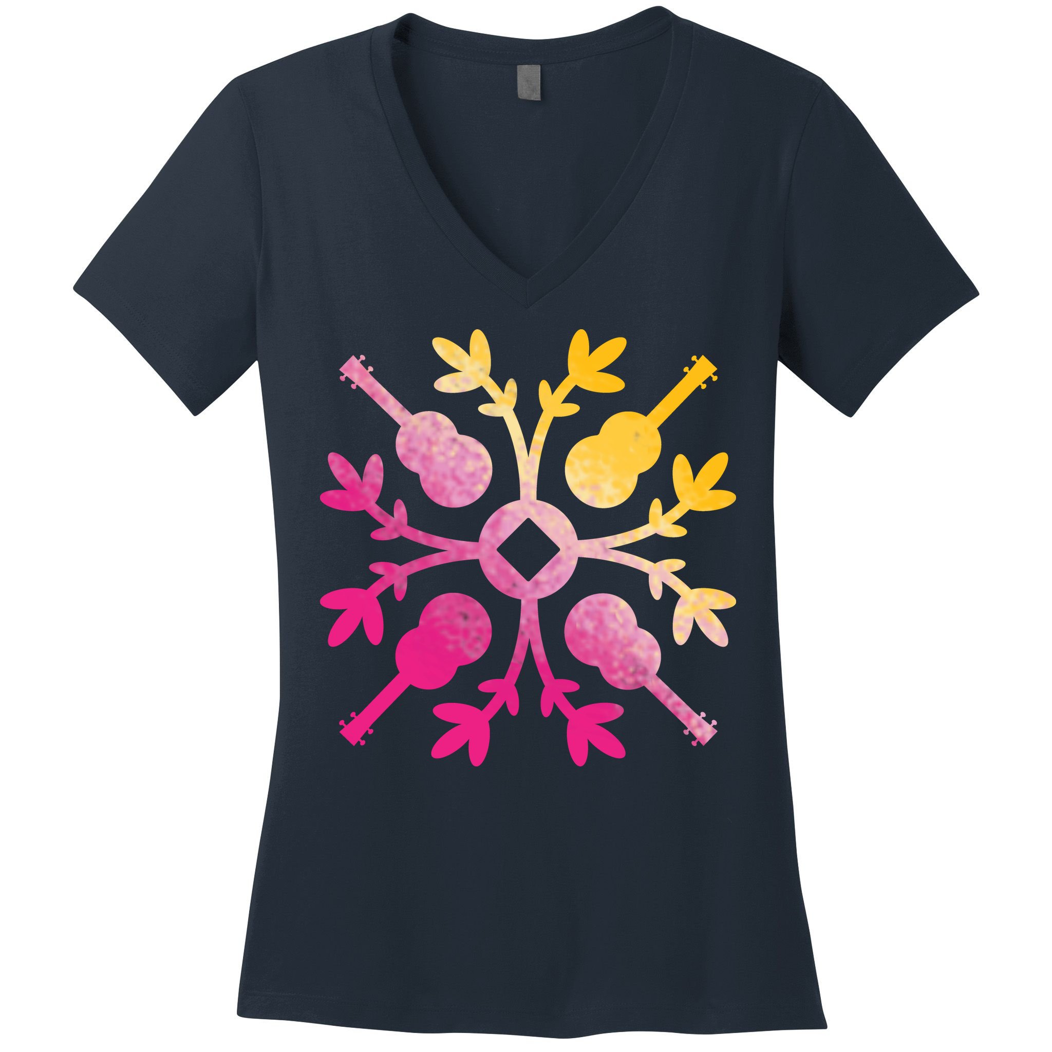 Hawaiian Mele Music Quilt Tribal Tattoo Ukulele Women's V-Neck T-Shirt