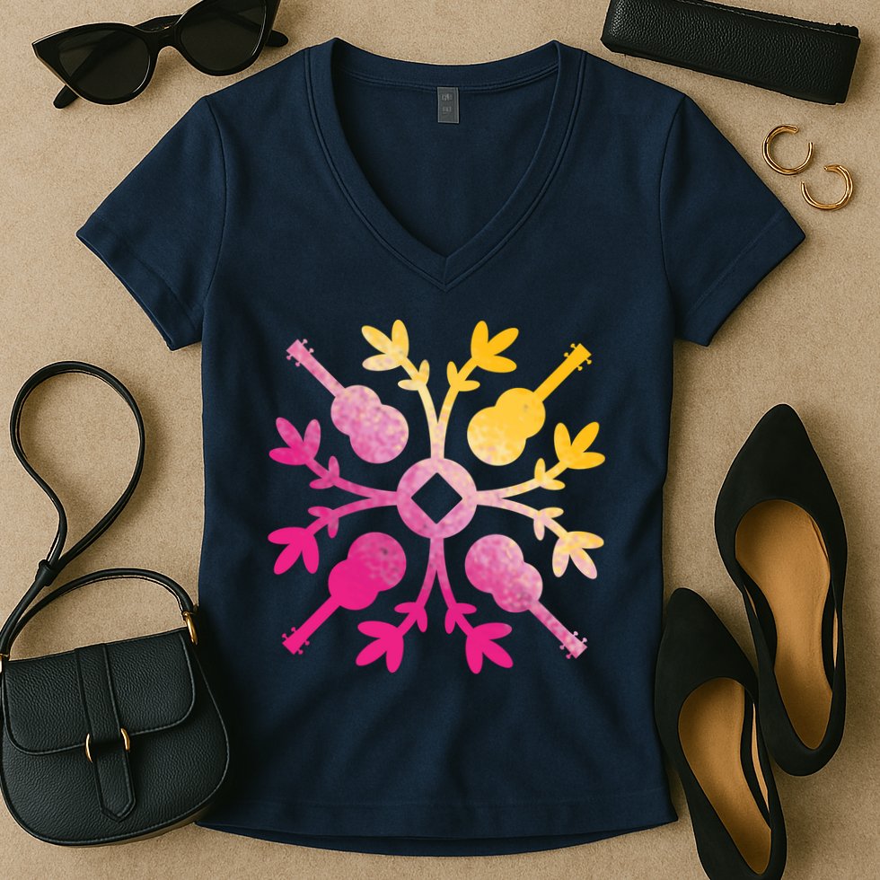 Hawaiian Mele Music Quilt Tribal Tattoo Ukulele Women's V-Neck T-Shirt
