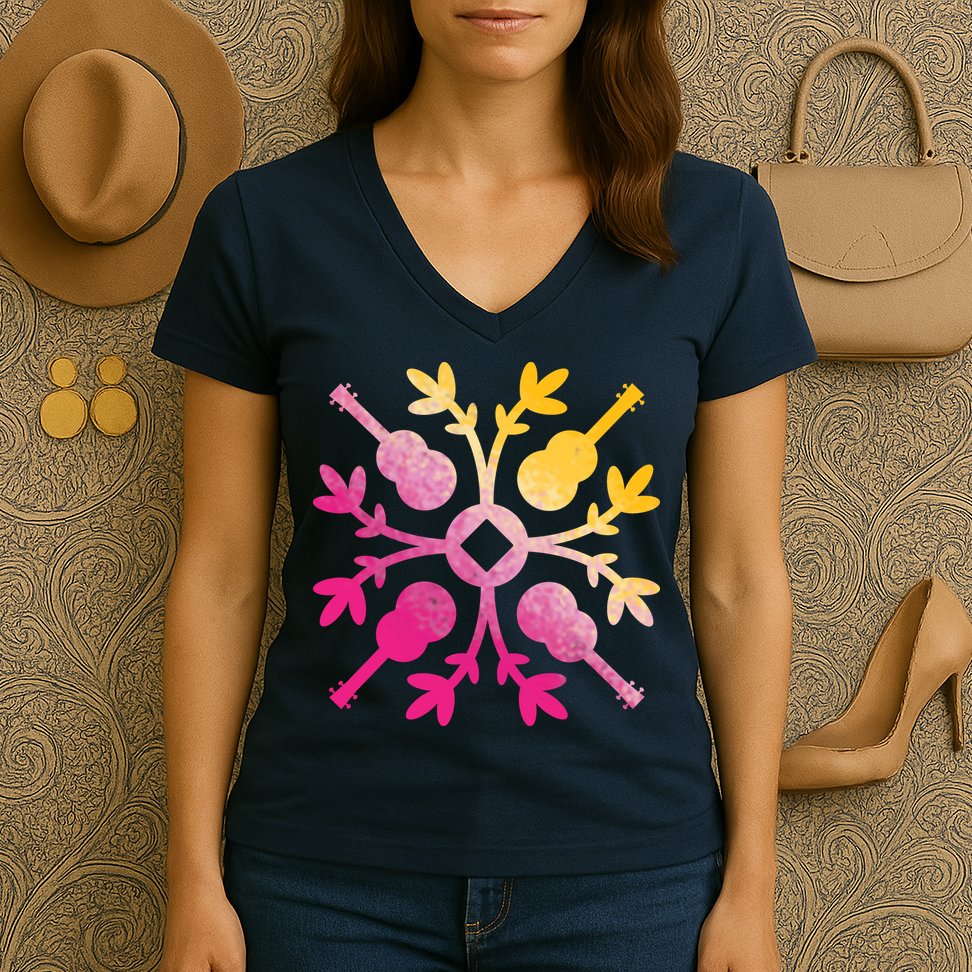 Hawaiian Mele Music Quilt Tribal Tattoo Ukulele Women's V-Neck T-Shirt