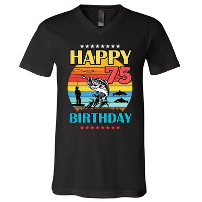 Happy Birthday 75 Year Old Birthday Fishing Fishermans 75th V-Neck T-Shirt