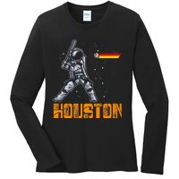 Houston Baseball A Space City Baseball And Vintage Astronaut Ladies Long Sleeve Shirt