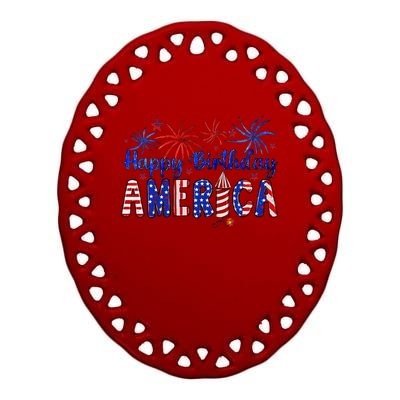 Happy Birthday America Firework Usa Flag 4th Of July Freedom Ceramic Oval Ornament