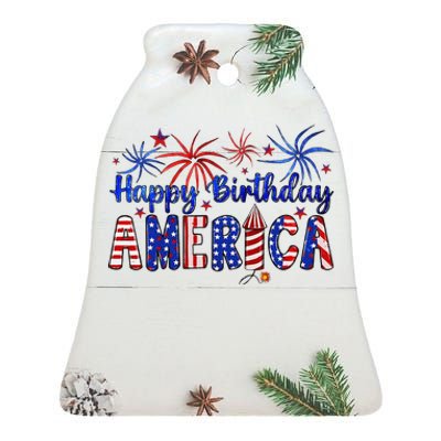 Happy Birthday America Firework Usa Flag 4th Of July Freedom Ceramic Bell Ornament