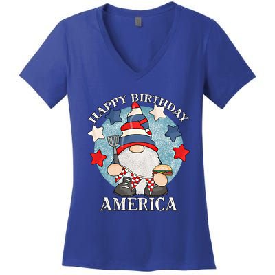 Happy Birthday America 4th Of July Funny Barbeque Gnome Meaningful Gift Women's V-Neck T-Shirt