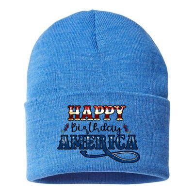 Happy Birthday America Gift Retro Usa Flag Theme Cool Gift Sustainable Knit Beanie