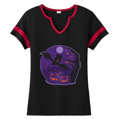 Halloween Bat and Pumpkins Ladies Halftime Notch Neck Tee