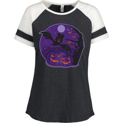 Halloween Bat and Pumpkins Enza Ladies Jersey Colorblock Tee