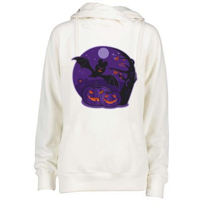 Halloween Bat and Pumpkins Womens Funnel Neck Pullover Hood