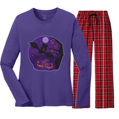 Halloween Bat and Pumpkins Women's Long Sleeve Flannel Pajama Set 