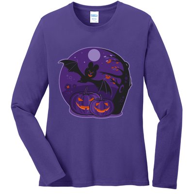 Halloween Bat and Pumpkins Ladies Long Sleeve Shirt