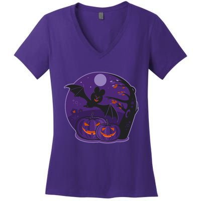 Halloween Bat and Pumpkins Women's V-Neck T-Shirt