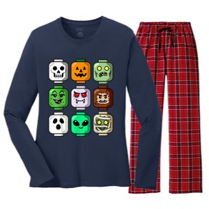 Halloween Building Brick Head Pumpkin Ghost Zombie Boy Women's Long Sleeve Flannel Pajama Set 