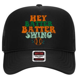 Hey Batter Batter Swing Baseball Retro High Crown Mesh Back Trucker Hat