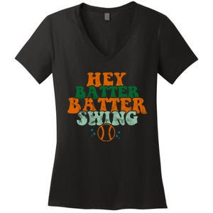 Hey Batter Batter Swing Baseball Retro Women's V-Neck T-Shirt