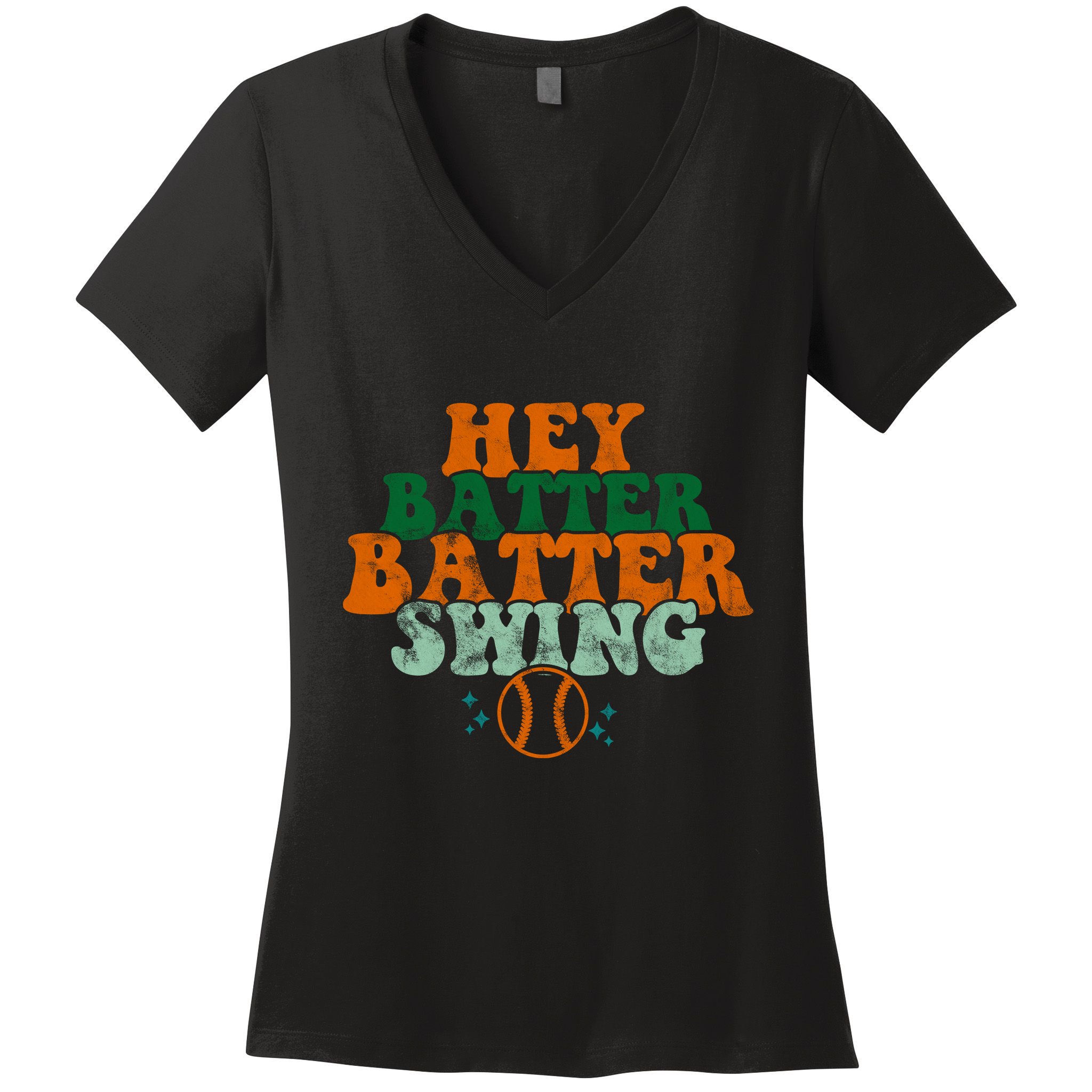 Hey Batter Batter Swing Baseball Retro Women's V-Neck T-Shirt