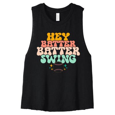 Hey Batter Batter Swing Funny Baseball Pitcher Support Women's Racerback Cropped Tank