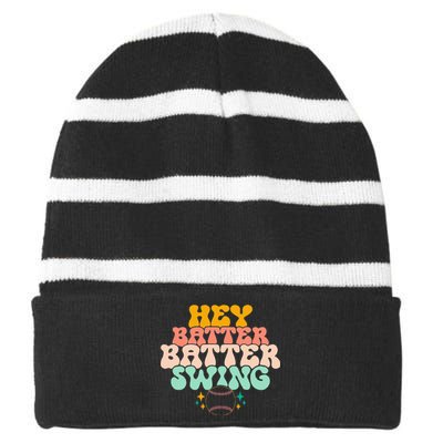 Hey Batter Batter Swing Funny Baseball Pitcher Support Striped Beanie with Solid Band