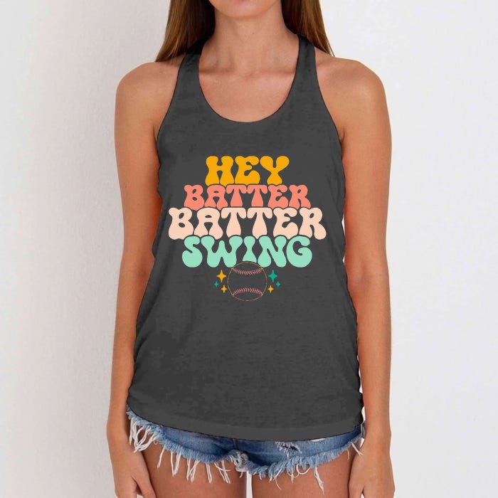 Hey Batter Batter Swing Funny Baseball Pitcher Support Women's Knotted Racerback Tank