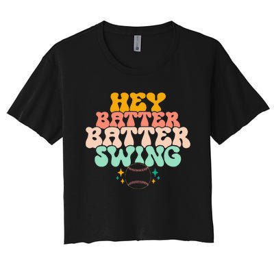 Hey Batter Batter Swing Funny Baseball Pitcher Support Women's Crop Top Tee