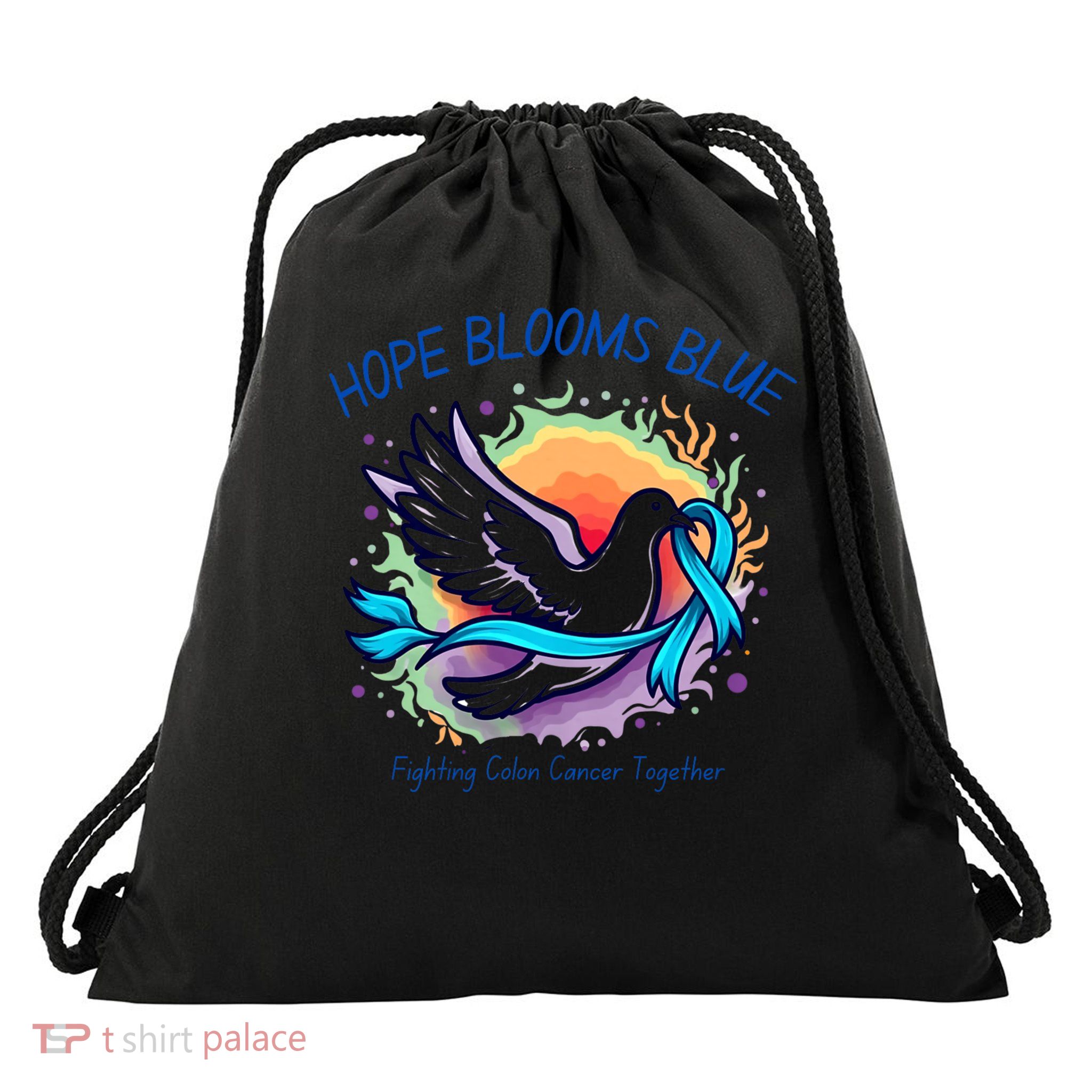 Hope Blooms Blue Colon Cancer Awareness Support Drawstring Bag