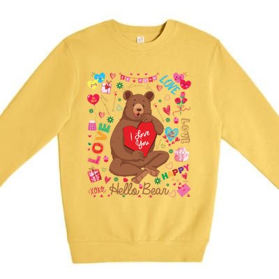 Hello Brown Bear Lover Notes Valentine's Day Gift Premium Crewneck Sweatshirt