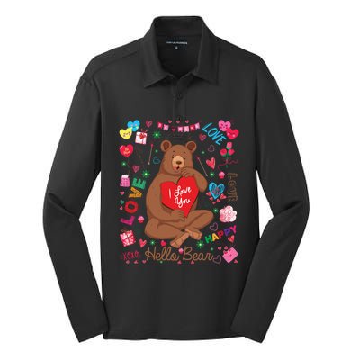 Hello Brown Bear Lover Notes Valentine's Day Gift Silk Touch Performance Long Sleeve Polo