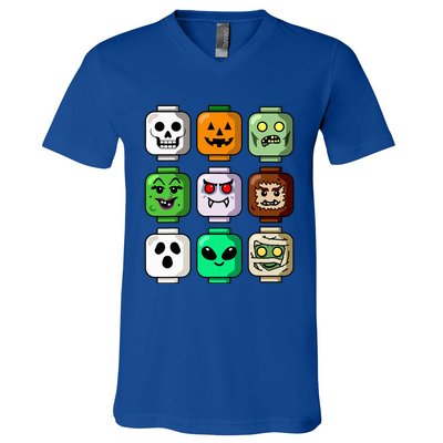 Halloween Building Brick Head Pumpkin Ghost Zombie V-Neck T-Shirt