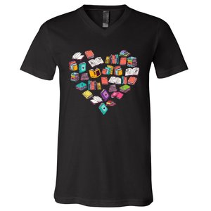 Heart Bookshelf Book Lover School Librarian Library V-Neck T-Shirt