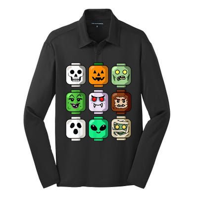 Halloween Building Brick Head Pumpkin Ghost Zombie Silk Touch Performance Long Sleeve Polo