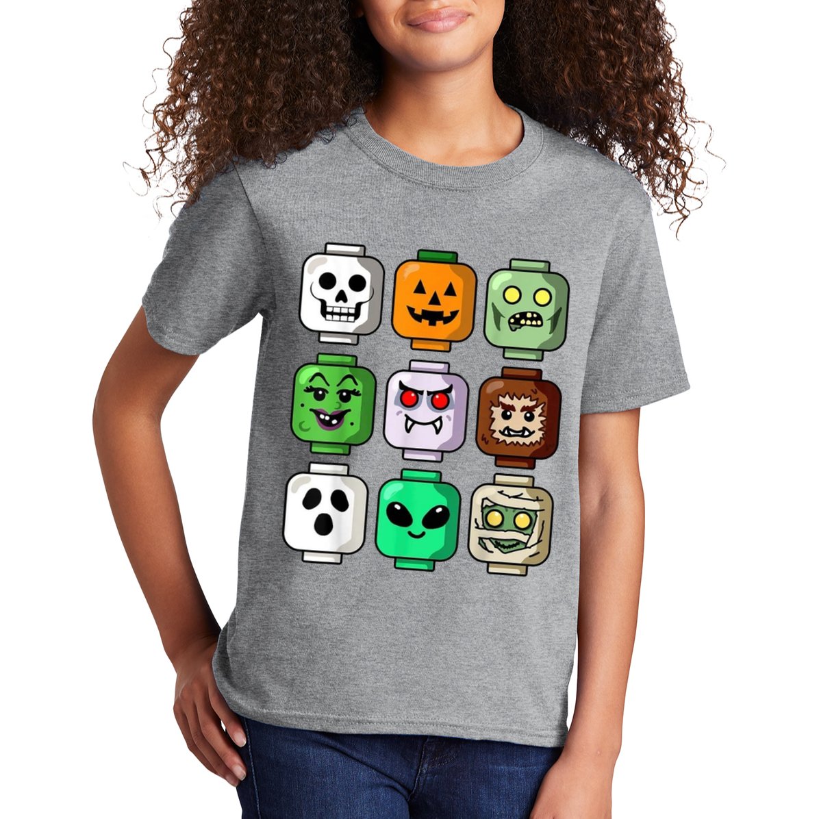 Halloween Building Brick Head Pumpkin Ghost Zombie Kids T-Shirt