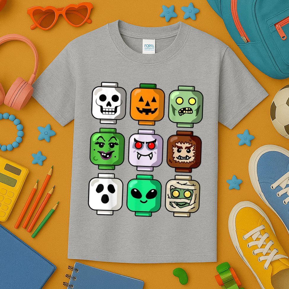 Halloween Building Brick Head Pumpkin Ghost Zombie Kids T-Shirt