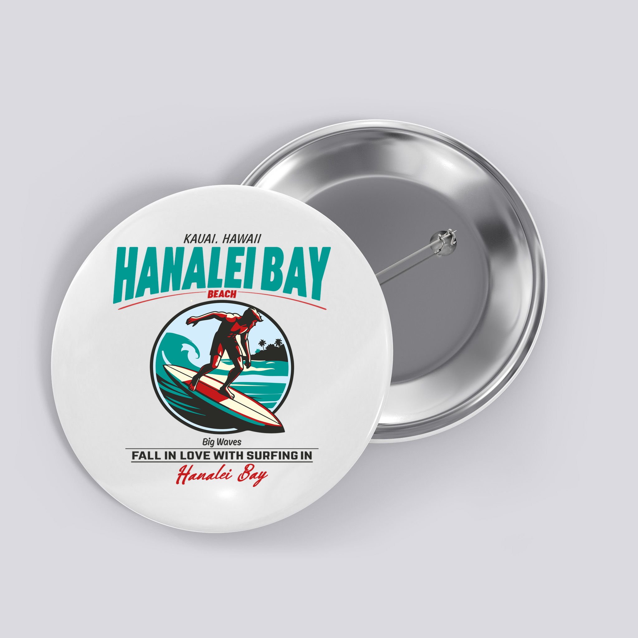 Hanalei Beach Bay Surfer Vintage Button