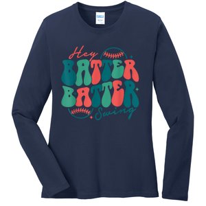 Hey Batter Batter Swing Funny Baseball Mom Mothers Day Ladies Long Sleeve Shirt